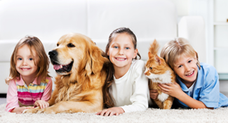 kids with dog and cat on floor ready to move